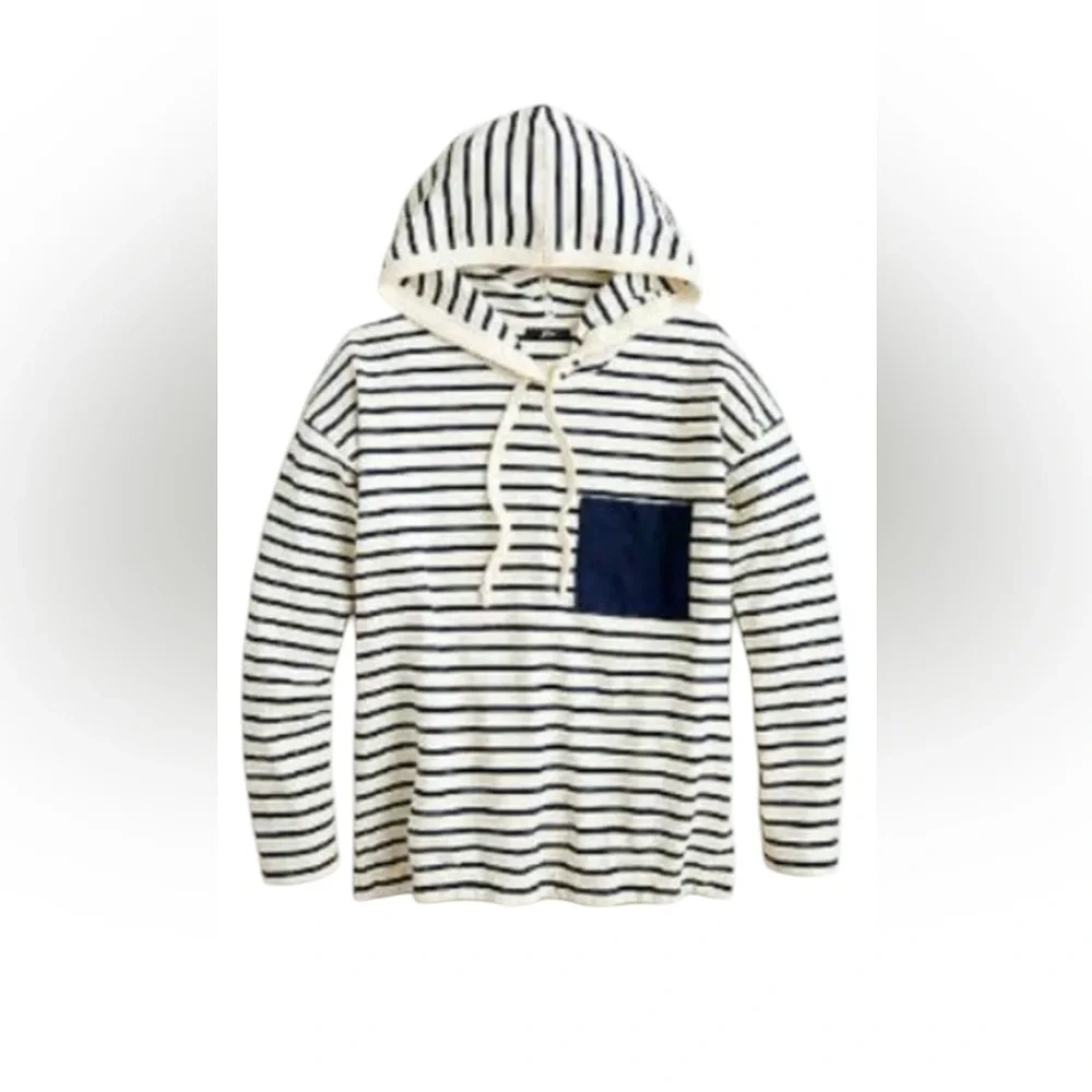 J. Crew Patch Pocket Hoodie Striped Mariner Cloth in Natural‎ Navy Maly Stripe